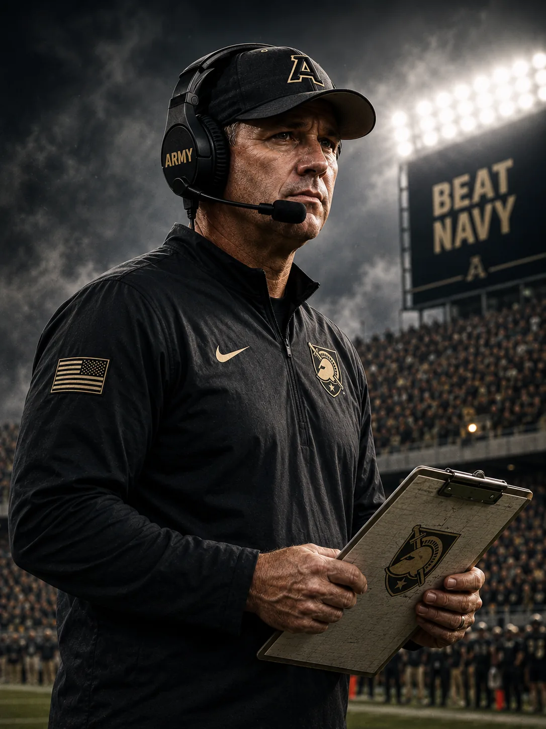 A head coach in a headset on the sideline, watching his game plan play out under the lights.